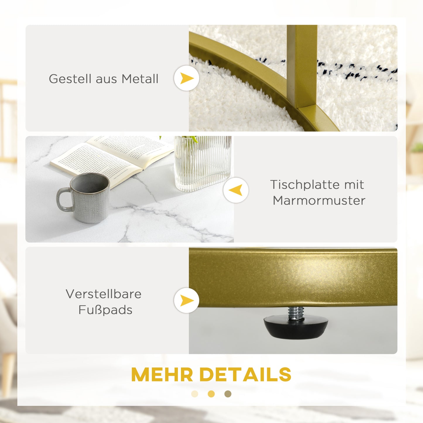 HOMCOM Beistelltisch-Set, 2 Satztische, Ø74 & Ø59 cm, Marmoroptik, Rahmen in Gold