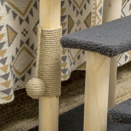 PawHut Katzentreppe, Kratzbaum, drei Stufen, Spielball, grau+holzfarben, 45 x 40 x 48cm