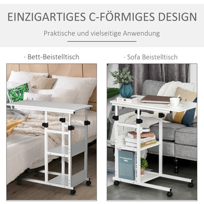 HOMCOM Beistelltisch mit Rollen, höhenverstellbar, kompakt, 2 Ablageböden, Metallrahmen, 80x40x72-82 cm, Weiß
