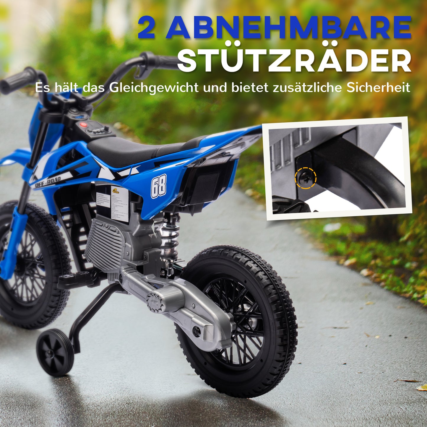 AIYAPLAY Elektro-Motorrad für Kinder, 12V Kindermotorrad mit Musik, Kinderfahrzeug mit Trainingsrädern, 3-6 Jahre, Blau