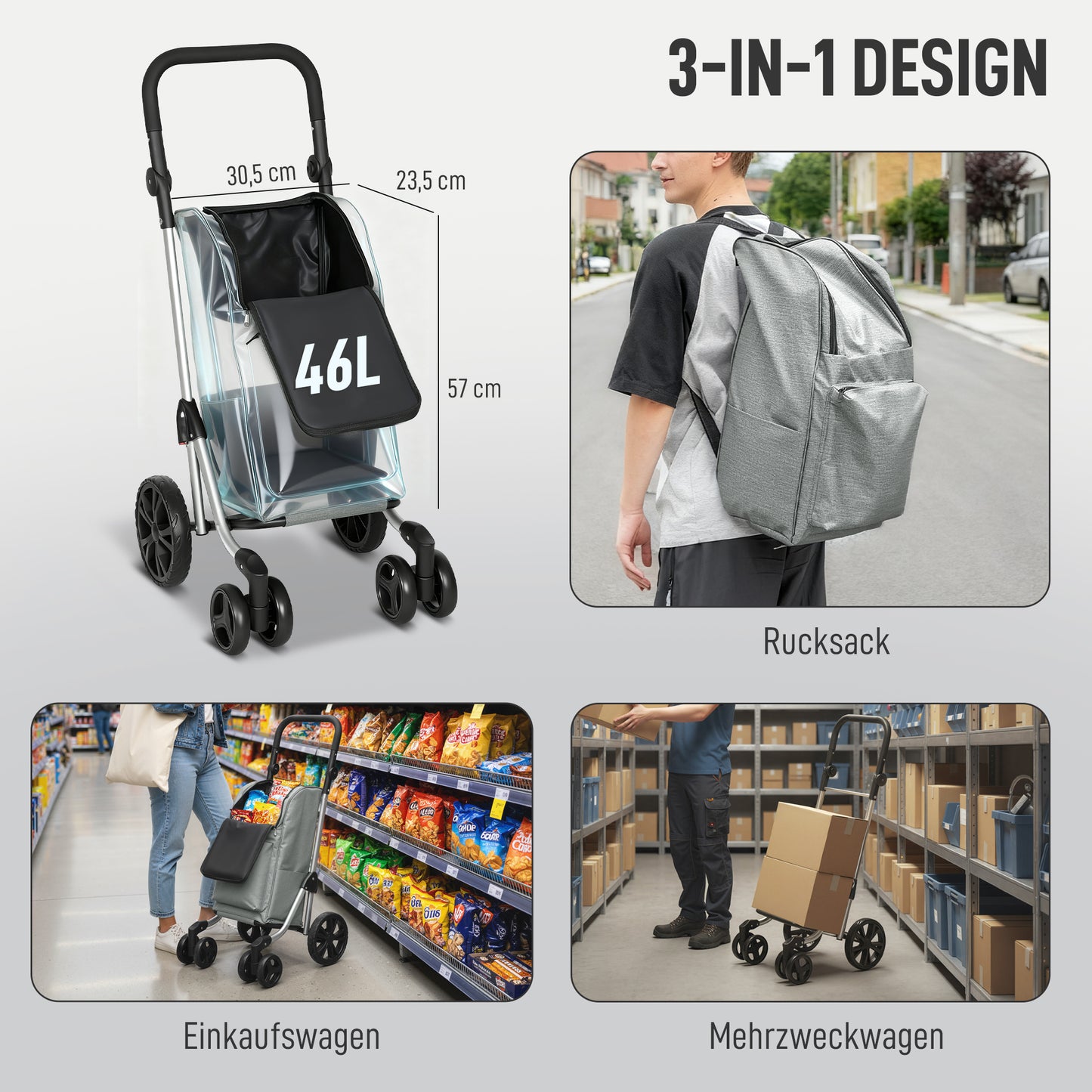 HOMCOM Einkaufstrolley, 46 Liter Tasche, Faltbarer Einkaufswagen mit Kühltasche, verstellbarer Griff, Aluminiumrahmen, Grau