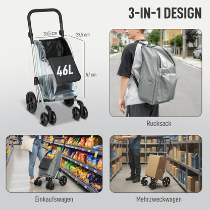 HOMCOM Einkaufstrolley, 46 Liter Tasche, Faltbarer Einkaufswagen mit Kühltasche, verstellbarer Griff, Aluminiumrahmen, Grau