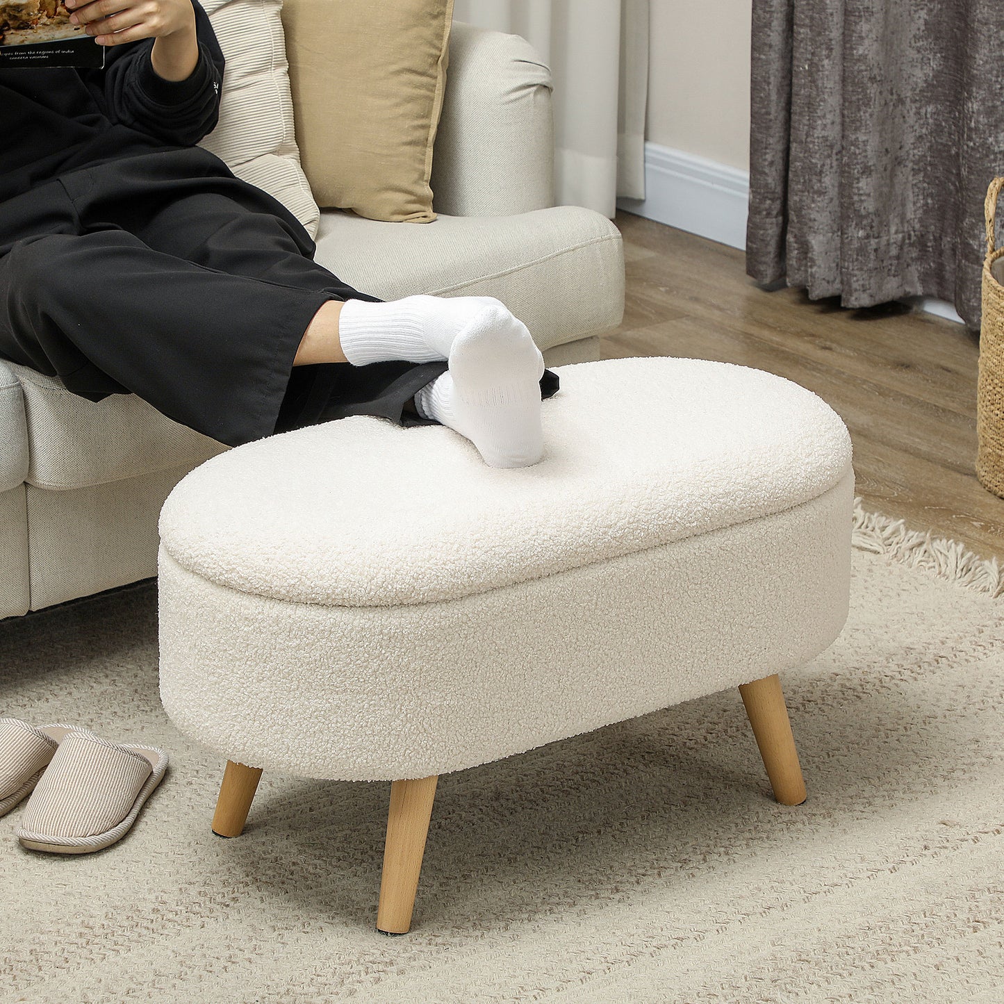 HOMCOM Sitzbank mit Stauraum und Deckel, Fußhocker für Flur, Wohnzimmer, Schlafzimmer, Holz, Stoffbezug, Weiß