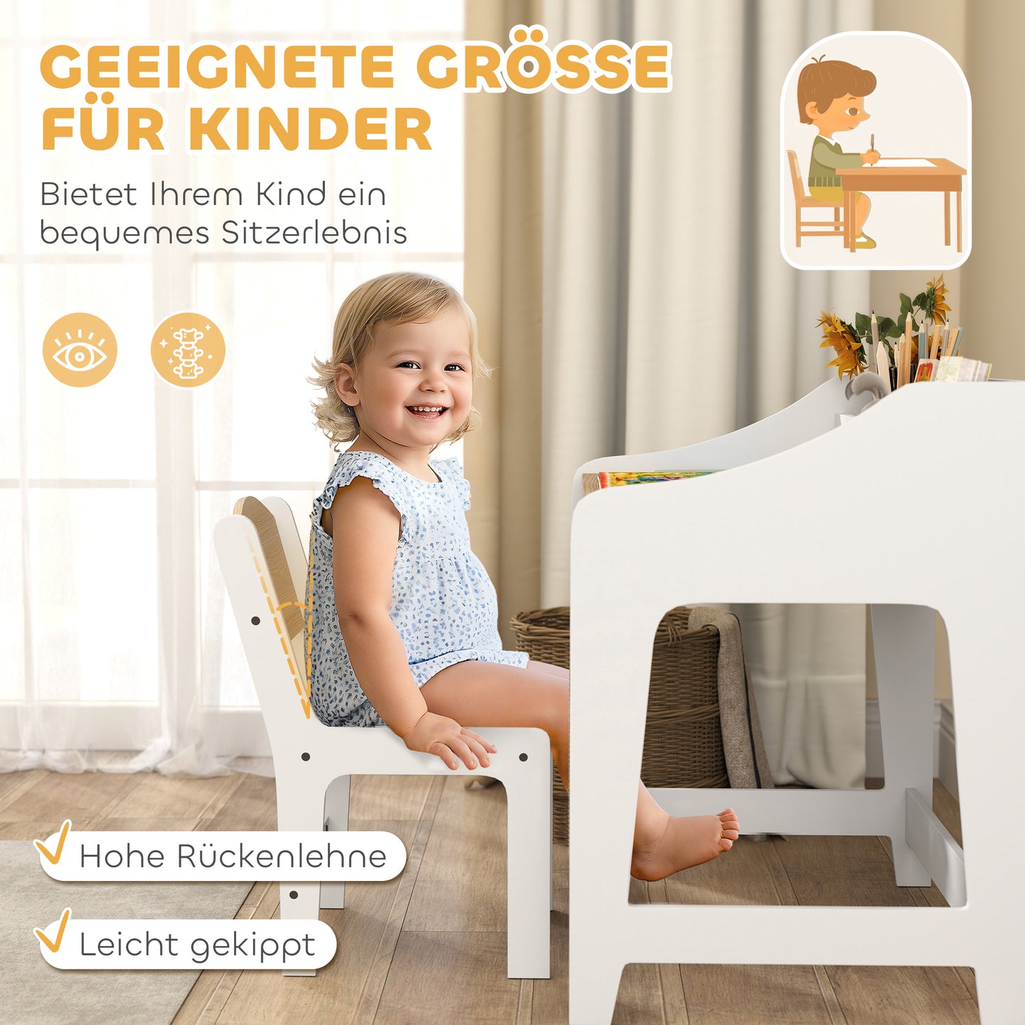 AIYAPLAY Kinder-Schreibtisch-Set mit Stauraum, offene Fächer, Stuhl, 3-8 Jahre, Holz