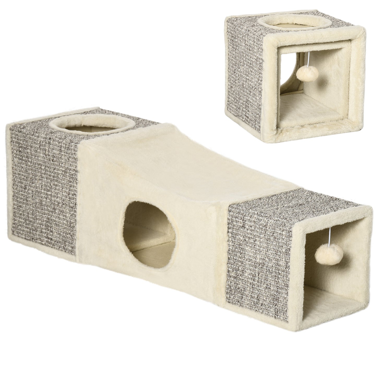 PawHut Katzentunnel, 2 Katzenhöhlen, Kratzflächen och Ballspielzeug, 98 cm x 30 cm x 30 cm, Braun + Beige