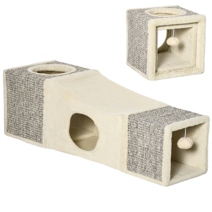 PawHut Katzentunnel, 2 Katzenhöhlen, Kratzflächen och Ballspielzeug, 98 cm x 30 cm x 30 cm, Braun + Beige