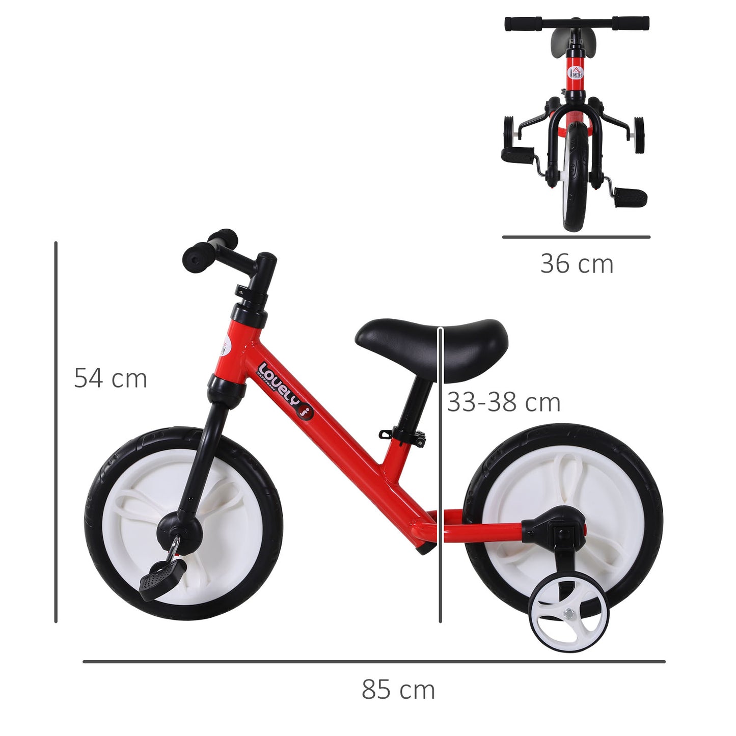 HOMCOM Kinder Laufrad ab 2-5 Jahre Lauflernrad mit Stützrädern, Pedalen, Höhenverstellbarem Sitz, Spielzeug Balance Bike für Kleinkinder Erste Geburtstag Geschenk, Rot