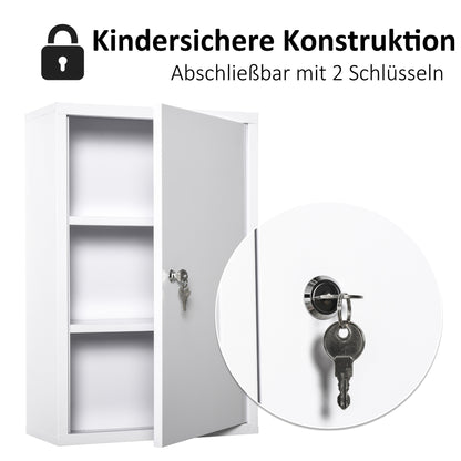 kleankin Medizinschrank Arzneischrank zur Medikamenten-Aufbewahrung, Abschließbar Medikamentenschrank Metall mit 3 Fächern Erste-Hilfe-Schrank, 40 x 18 x 60 cm, Weiß