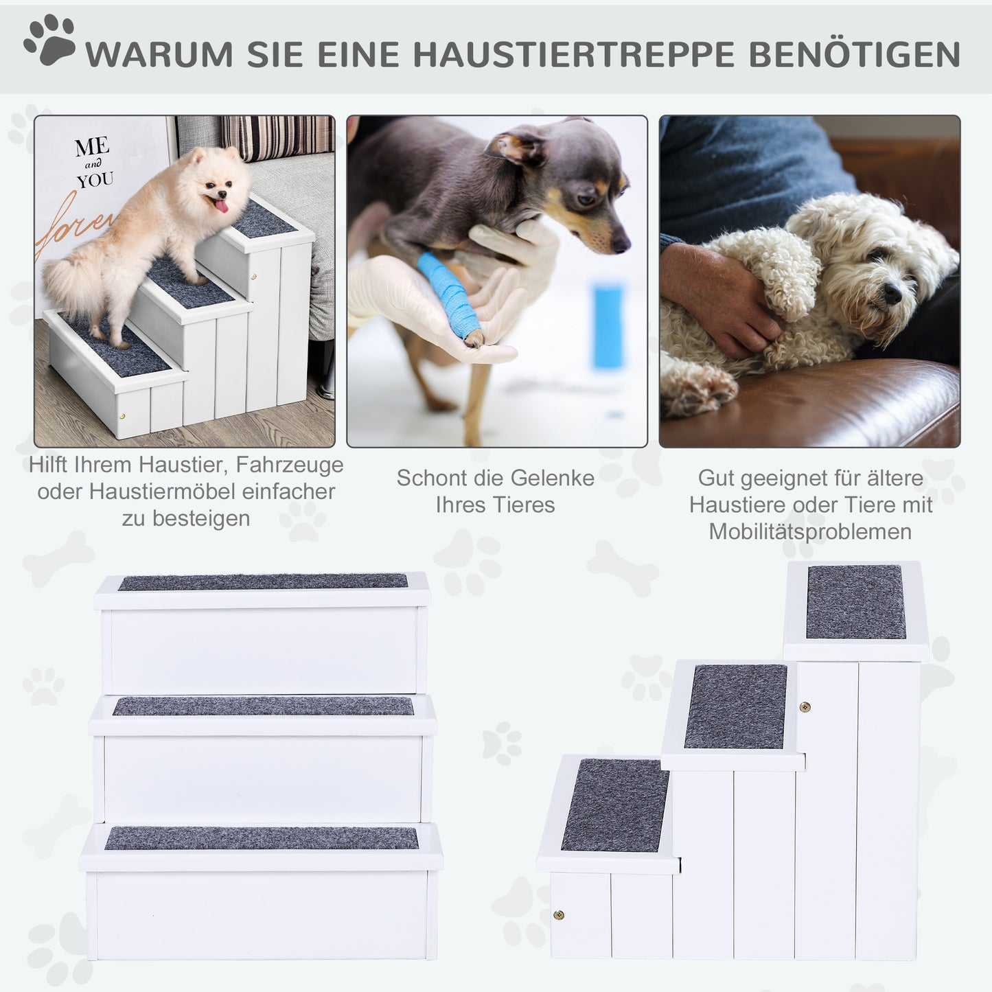 PawHut Hundetreppe 3 Stufen Katzentreppe Haustiertreppe Hundetreppe für Hunde und Katzen Tiertreppe Einstiegshilfe mit Teppich Staurum für Soffa Bett Tannenholz Weiß 40,5 x 44,5 x 38 cm