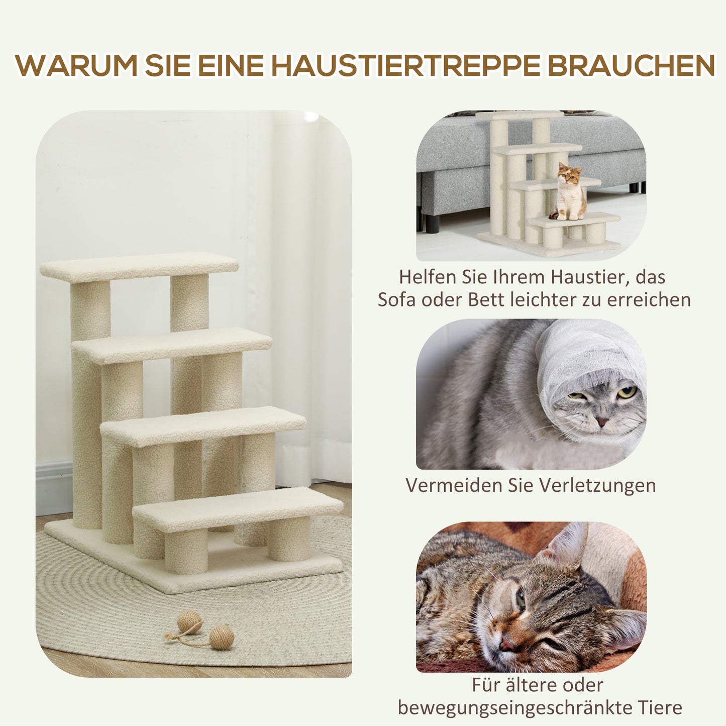 PawHut Katzentreppe 4 Stufen Tiertreppe Treppe für Katze Haustiertreppe Hundetreppe aus Plüsch 61 x 41 x 60 cm Cremeweiß