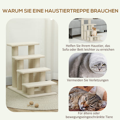 PawHut Katzentreppe 4 Stufen Tiertreppe Treppe für Katze Haustiertreppe Hundetreppe aus Plüsch 61 x 41 x 60 cm Cremeweiß