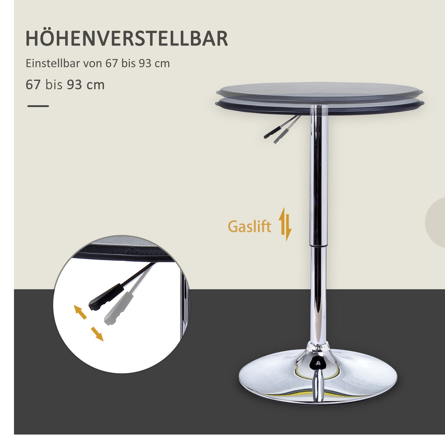 HOMCOM Bartisch, höhenverstellbar, Kunstlederbezug, Vintage-Design, Schwarz + Silber