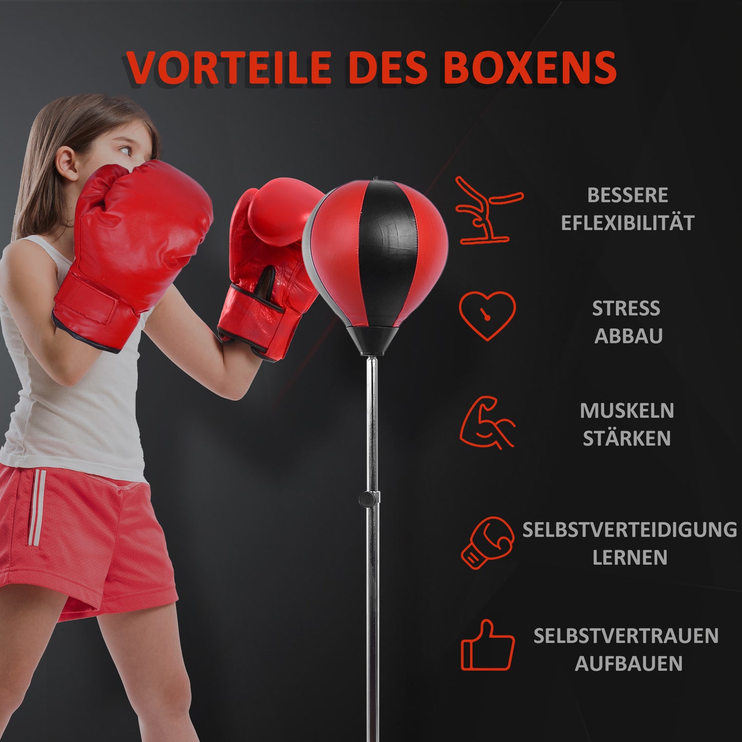 HOMCOM Punchingball Set Standbox Training Set 125/131/138/145cm höhenverstellbar mit 1 paar Handschuhe 1 Pump Geeignet für Profis und Anfänger Rot