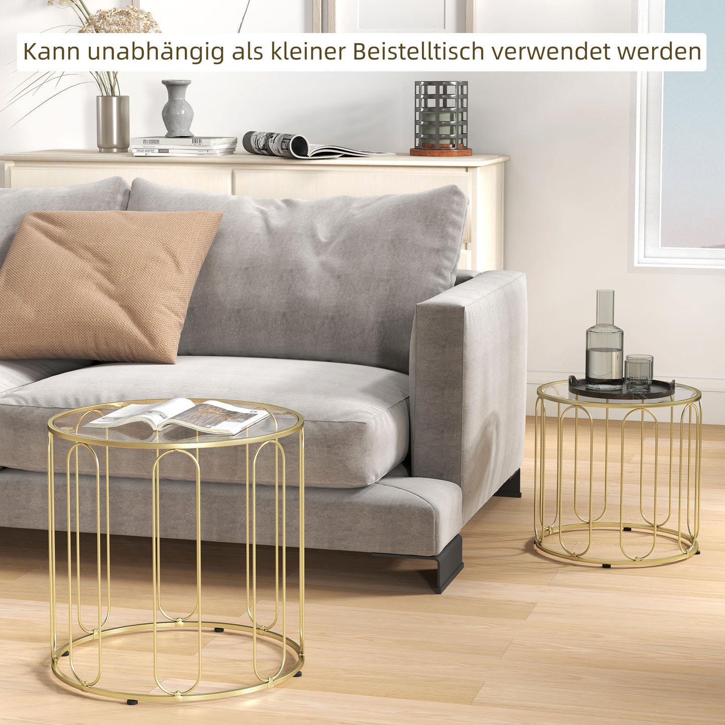 HOMCOM 2er-Set Glastische, ineinander verschiebbar, Glasplatten, Metallgestell, Goldfarben