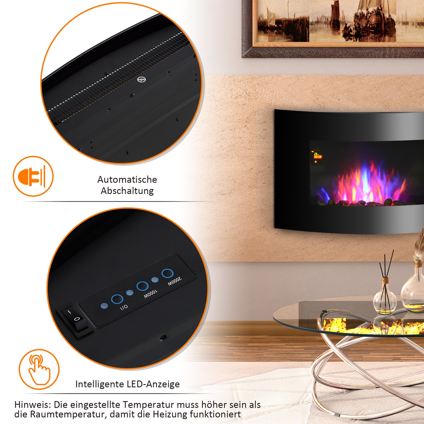 HOMCOM Elektrokamin mit Heizung, elektrischer Kamin mit 3D Flammeneffekt, 7 Flammenfarben, 900/1800 W, Wandkamin mit Timer, Dekokamin mit Fernbedienung, Schwarz, 65 cm