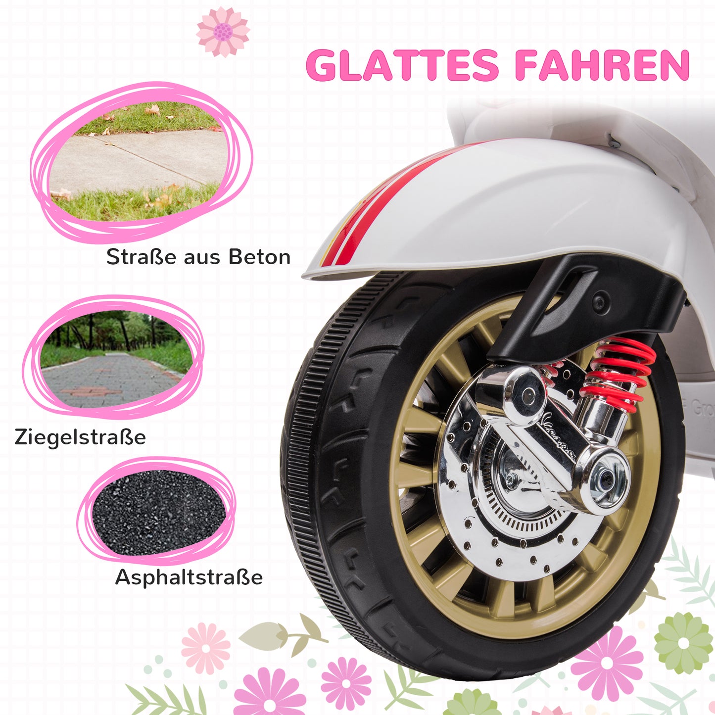 AIYAPLAY Elektro-Kindermotorrad, Vespa, 3 km/h, 3-6 Jahre, Musik, Licht & Radio, Weiß