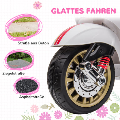 AIYAPLAY Elektro-Kindermotorrad, Vespa, 3 km/h, 3-6 Jahre, Musik, Licht & Radio, Weiß