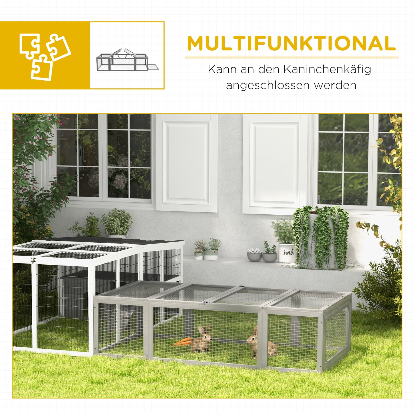 Pawhut Freilaufgehege für Kleintiere Aufklappbares Dach Tannenholz Grau