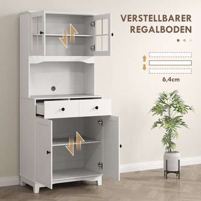 HOMCOM Freistehender Küchenschrank mit Arbeitsplatte für Mikrowelle, Kaffeemaschine, Schränke, Glastüren, Weiß