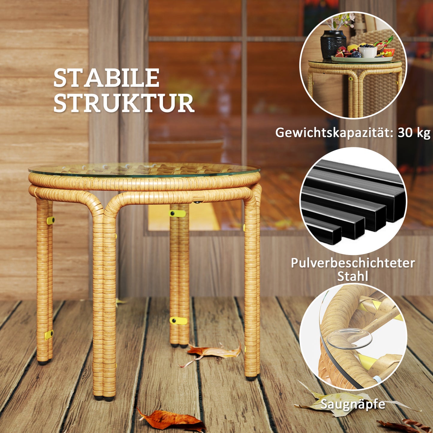 Outsunny Beistelltisch aus Polyrattan runder Couchtisch mit Glas Tischplatte Nachttisch Ø50 cm Gelb