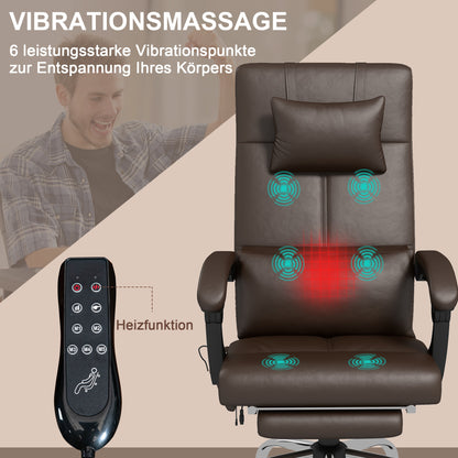 Vinsetto Bürostuhl med Massagefunktion, Ergonomischer Schreibtischstuhl med Liegefunktion, Kopfkissen, höhenverstellbar, Braun