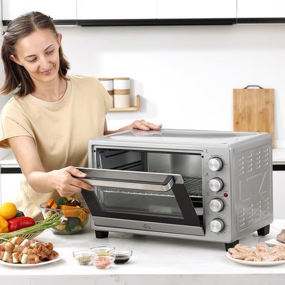 HOMCOM Mini Backofen 32L 100 °C-230 °C 1600 W Mini Ofen mit Backblech Krümelblech Grillrost und 3 Kochmodi Pizzaofen mit Timer Backblech-Griff Edelstahl Silber