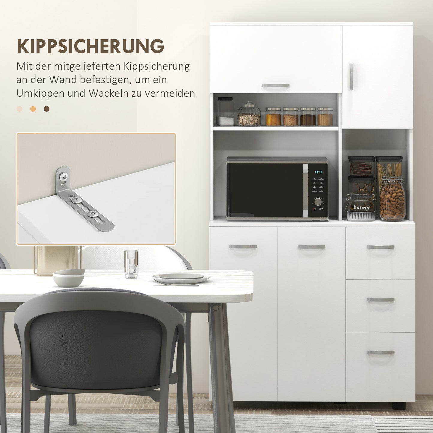 HOMCOM Küchenschrank, Buffet, 3 Schubladen, 3 Regale, viel Stauraum, 89x39,5x168cm, Weiß