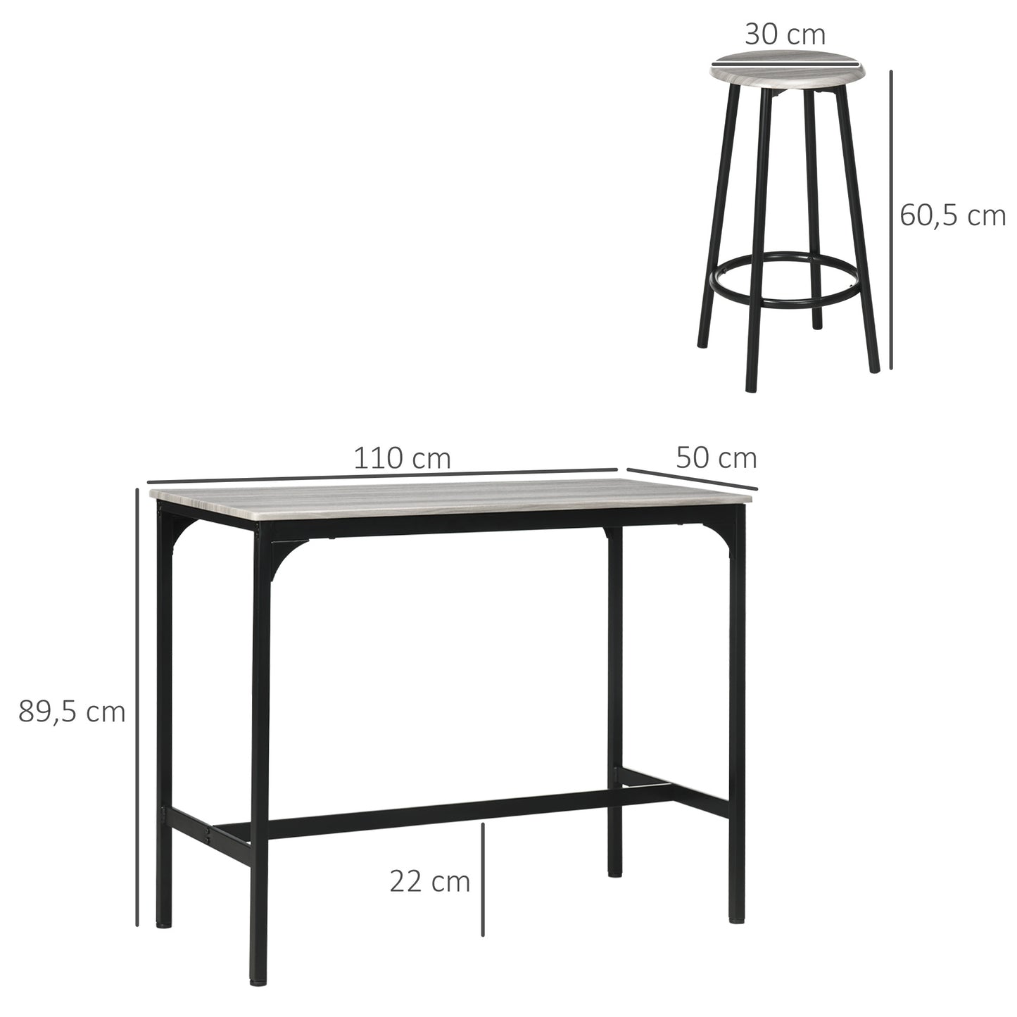 HOMCOM Bargarnitur, 5-teilig, Tisch & 4 Hocker, Industrie-Design, kompakt, rustikal