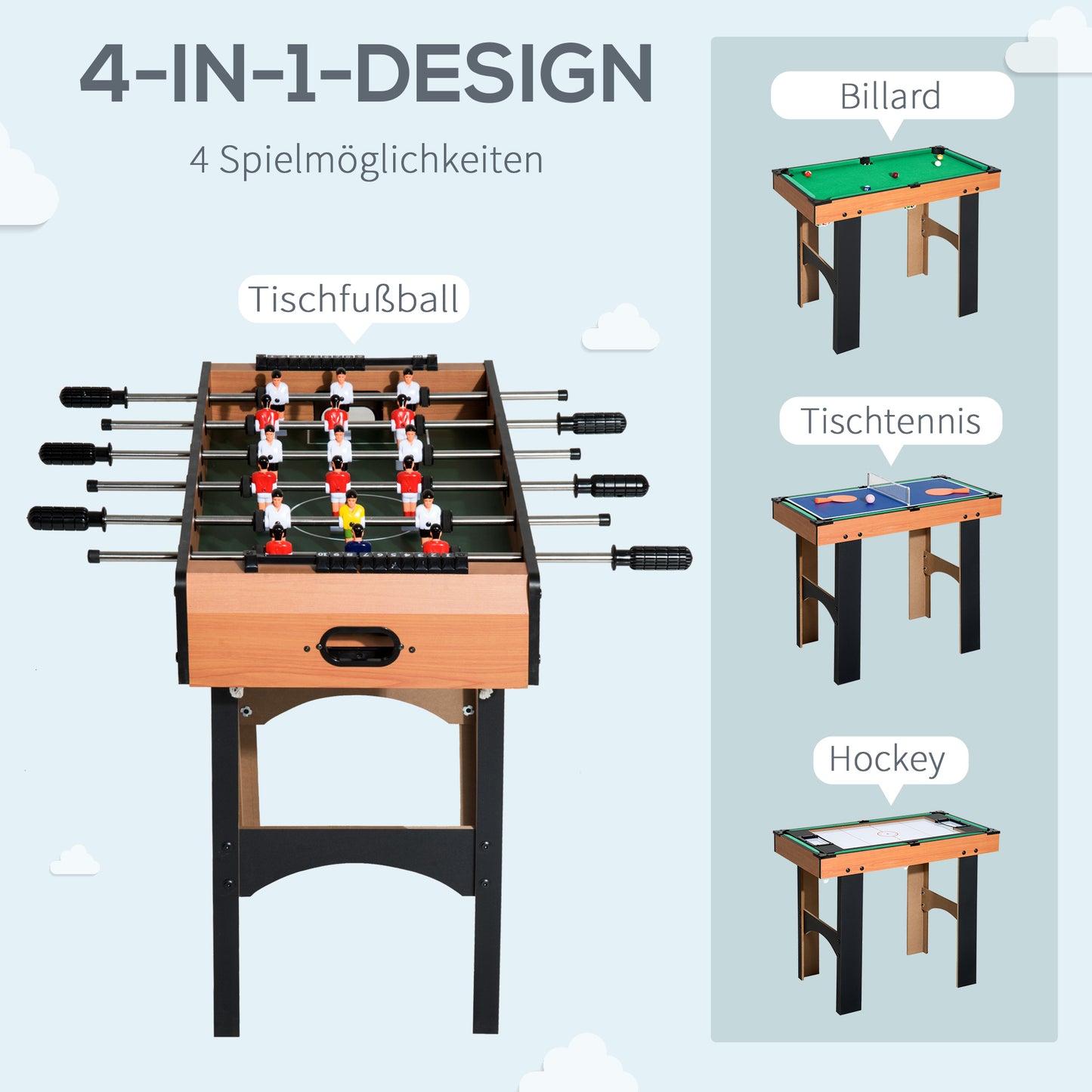 HOMCOM 2-in-1 Tischkicker, Multispieltisch 4 in 1, kompakt, inkl. Spielaccessoires, 92 x 78 x 80 cm