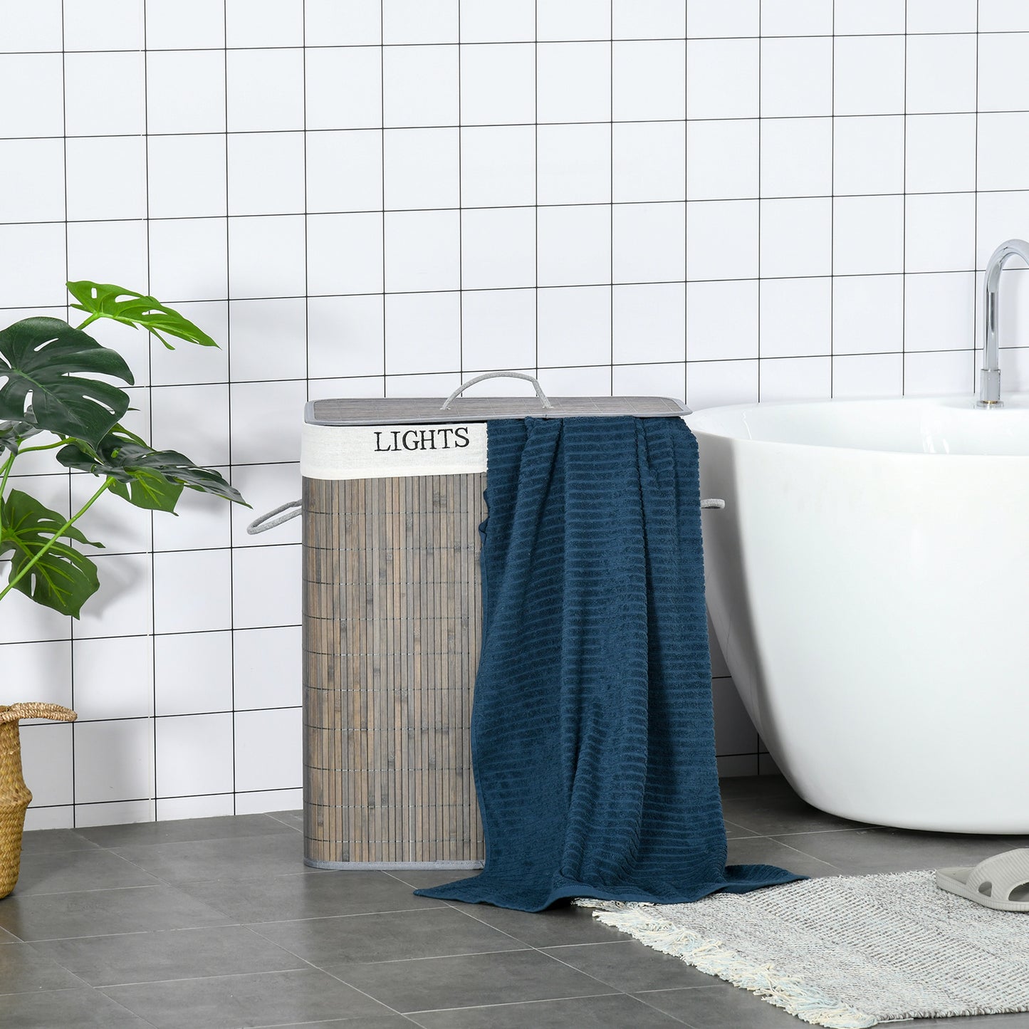 HOMCOM 100L Wäschekorb mit 3 Griffen, mit waschbarem Wäschesack, Bambus, Polyester, Baumwolle, Metall, 52 x 32 x 63 cm, Grau