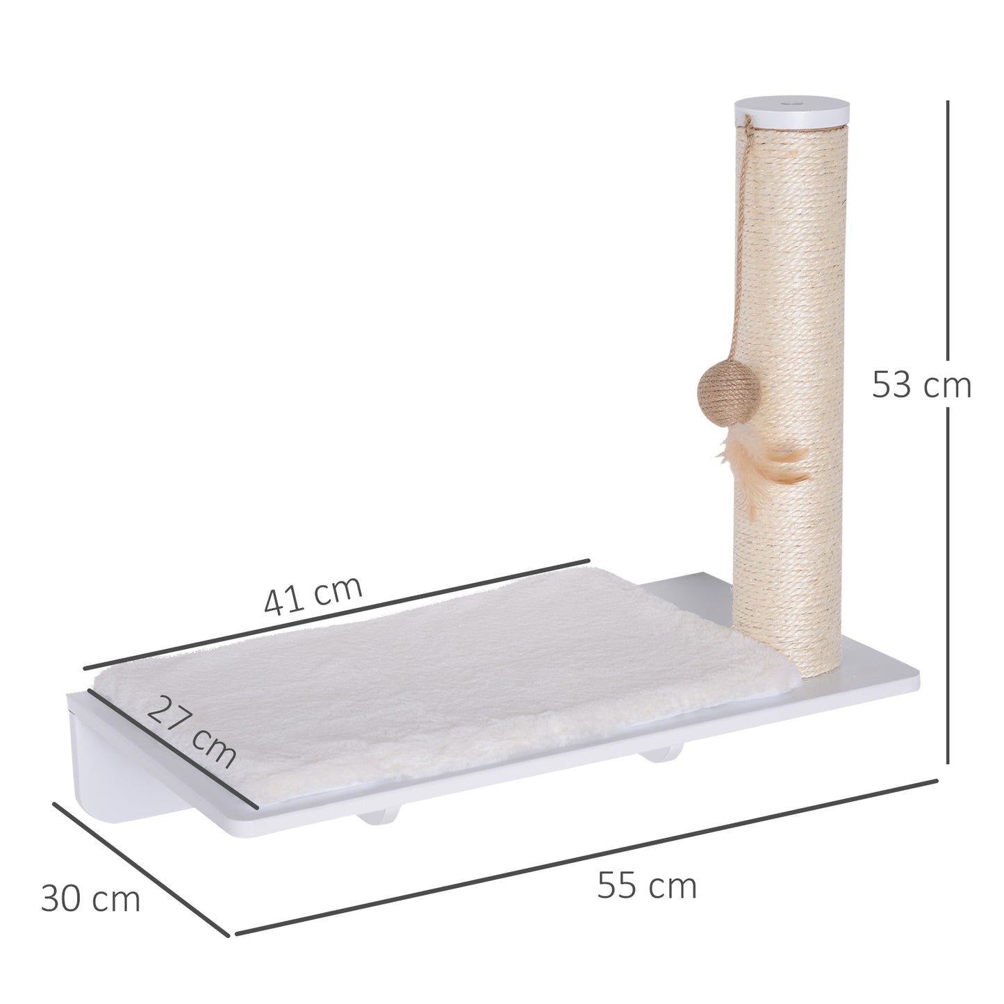 PawHut Kletterwand Katzen, Wandkratzbaum, Katzenliege mit Kratzbaum,53cm Katzenregal mit Ballspielzeug, Plüschauflage, Katzenkratzbaum, Katzensäule, Weiß