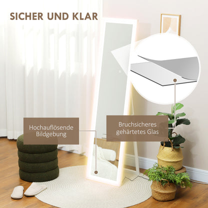 HOMCOM Ganzkörperspiegel, 40x160 cm, LED-Beleuchtung, Touch-Steuerung, dimmbar, 3 Farben, Weiß