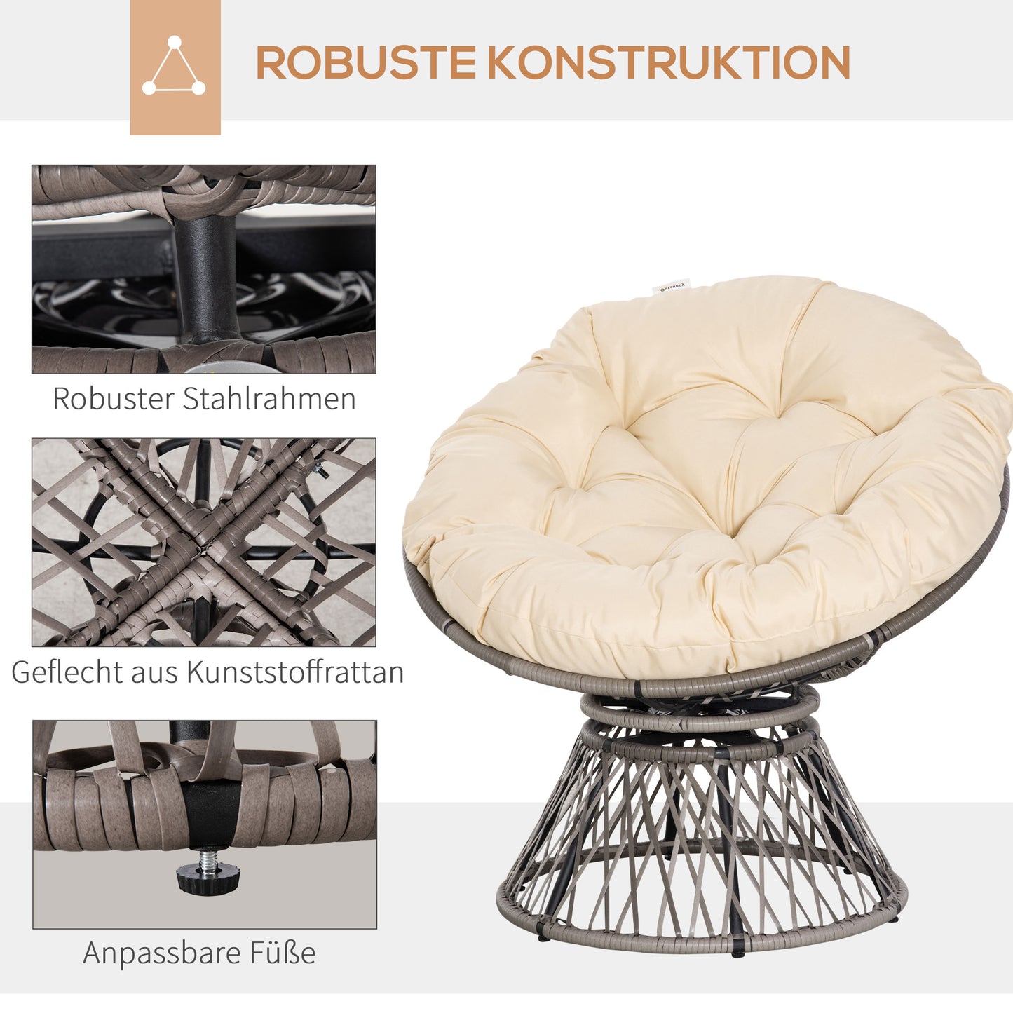 Outsunny Papasansessel, Korbsessel, Sitzkissen, Kunstrattan, drehbar, Metallrahmen, 87 x 97 x 90 cm, Beige