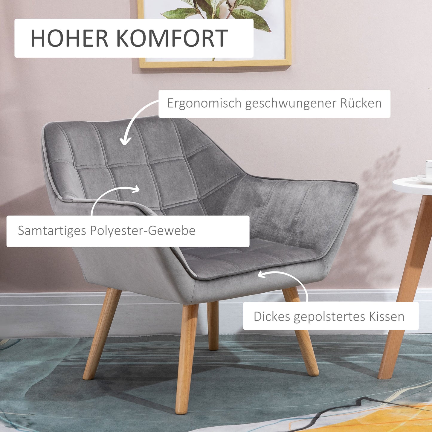 HOMCOM Relaxsessel Skandidesign Lesesessel Akzentsessel, Steppung, 67cm x 61,5cm x 71cm. Grau