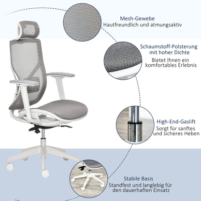 Vinsetto Bürostuhl Schreibtischstuhl Drehstuhl Gamingstuhl mit Kopflehne Lendenkissen 3D-Armlehne 3 Stufen 360°-Drehräder höhenverstellbar ergonomisch Mesh-Stoff Schaumstoff Grau 67 x 65 x 120-128 cm