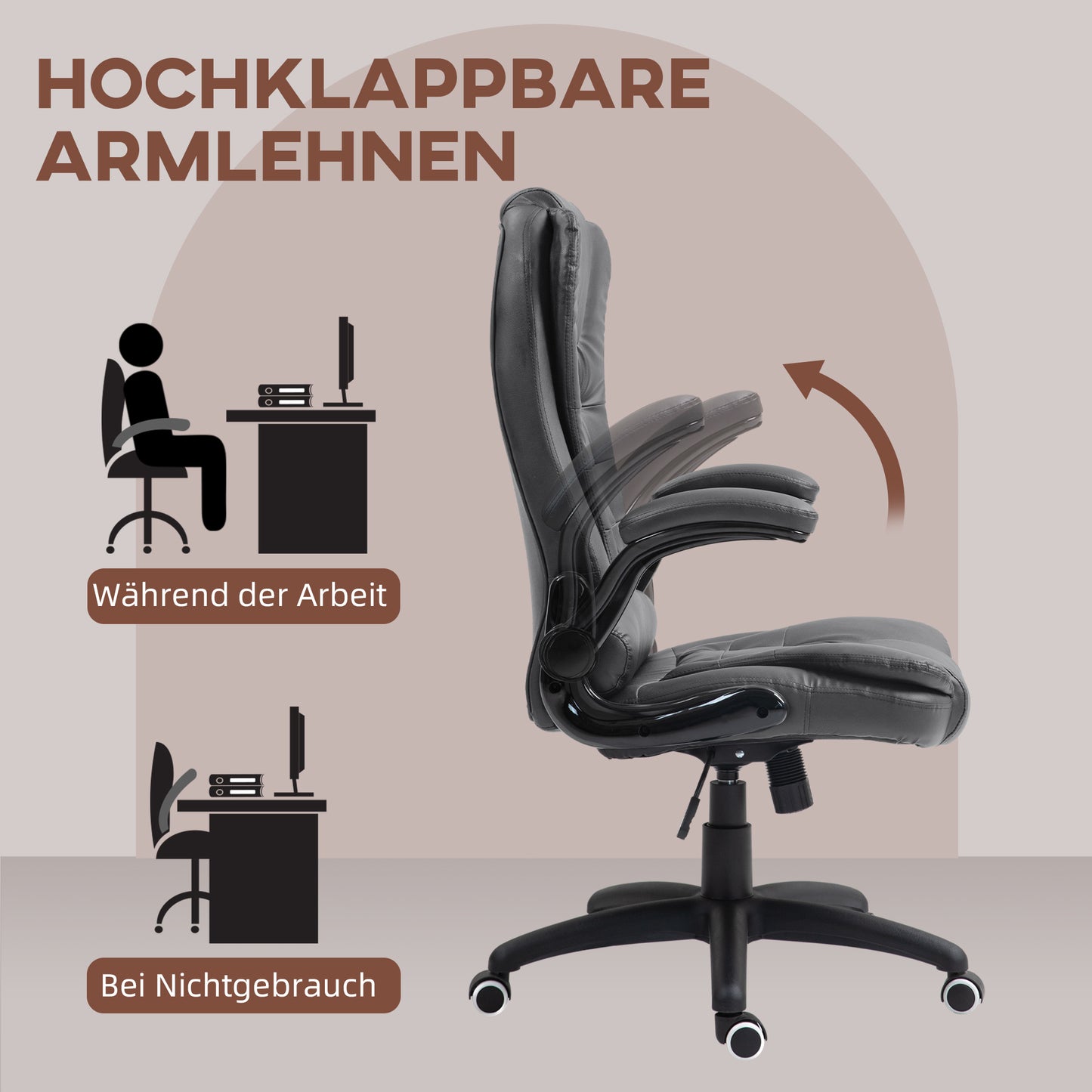 HOMCOM Ergonomischer Bürostuhl, klappbare Armlehnen, Neigefunktion, Dunkelgrau