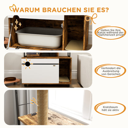 PawHut Katzentoilette mit 3-Ebenen-Regal und Kratzpfosten, geschlossenes Katzenklo, 80 x 48 x 152 cm, Braun