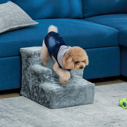 PawHut Faltbare Haustiertreppe, 3 Stufen, waschbarer Plüschbezug, Spanplatte, 46 x 35 x 35 cm, Hellgrau