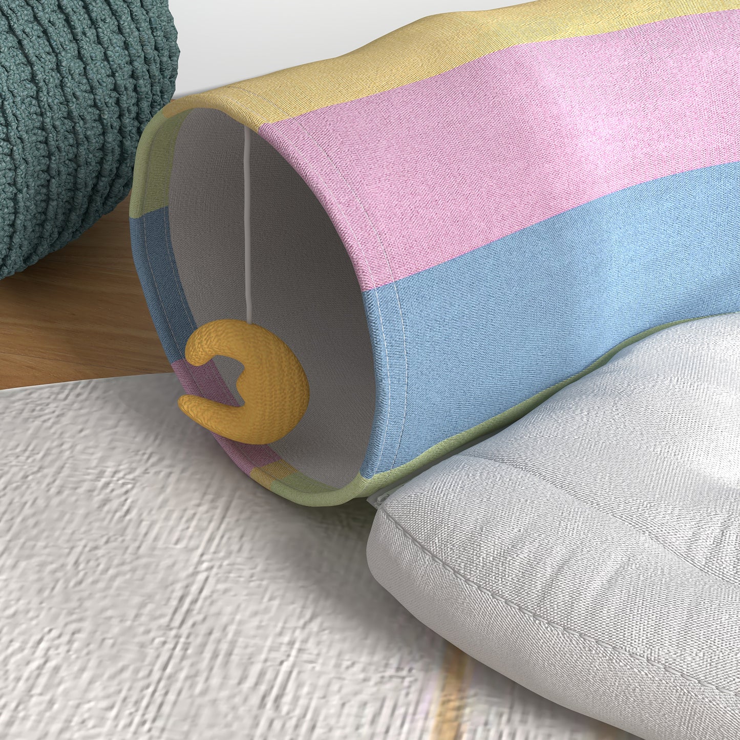 PawHut Katzentunnel Katzenspielzeug, 2 Spielzeuge, 1 Liegepolster, verspieltes Design, 105 cm x 65 cm x 28 cm, Mehrfarbig