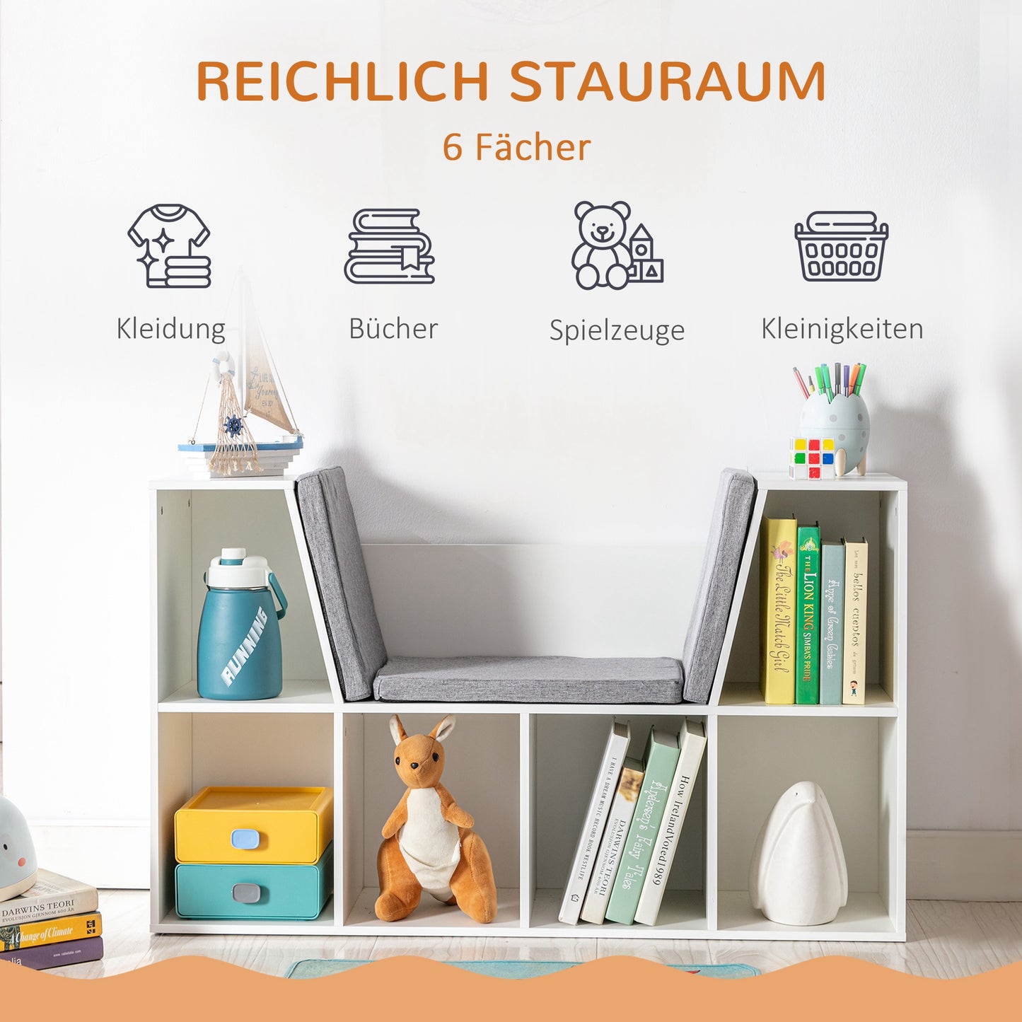 HOMCOM 2-in-1 Kinderregal Regal + Sitzbank inkl. Polster 103 cm × 30 cm × 62 cm Weiß + Grau