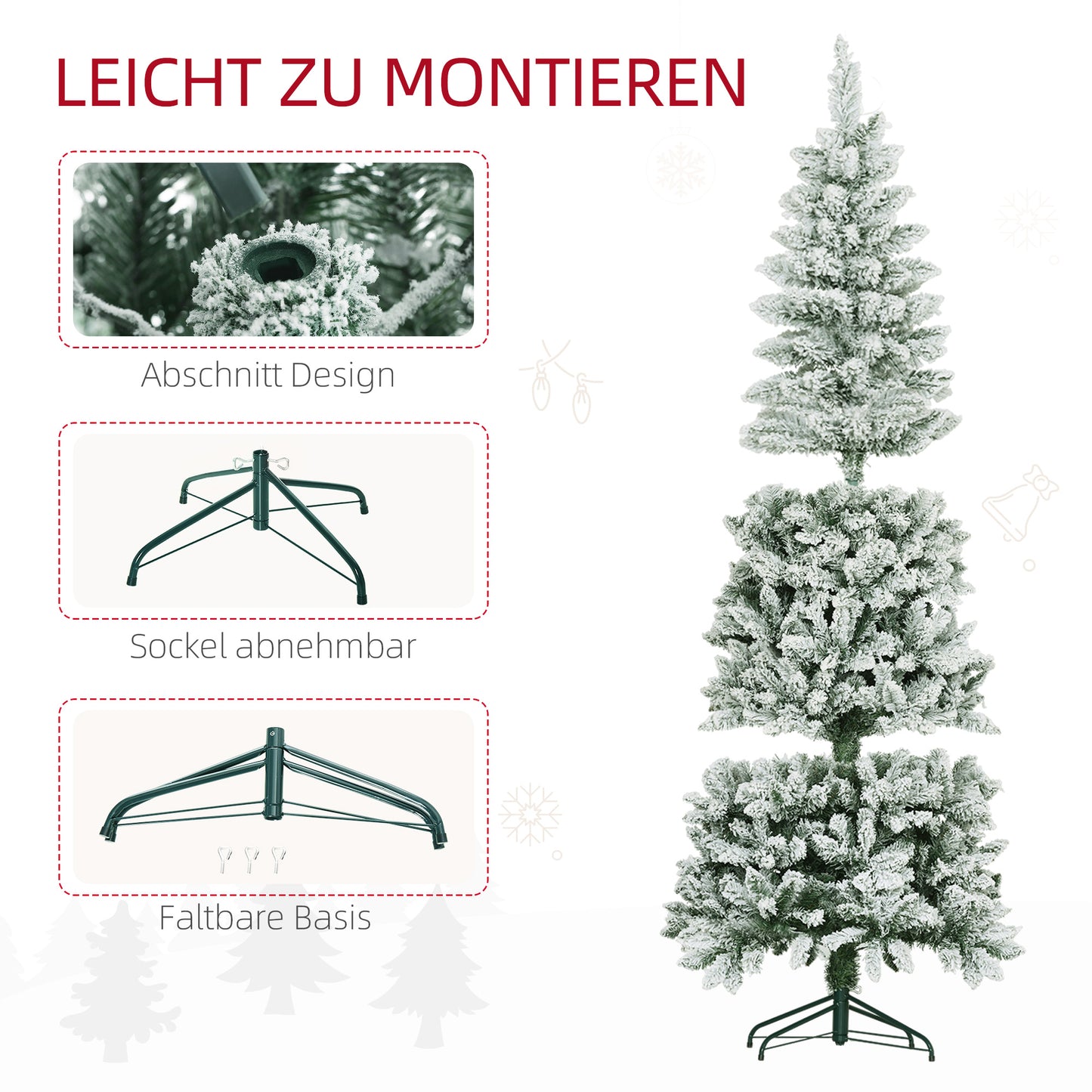HOMCOM Künstlicher Weihnachtsbaum, schlanke Form, Kunstschnee, dreiteilig, flammhemmend, Metallfuß, 183 cm, Grün