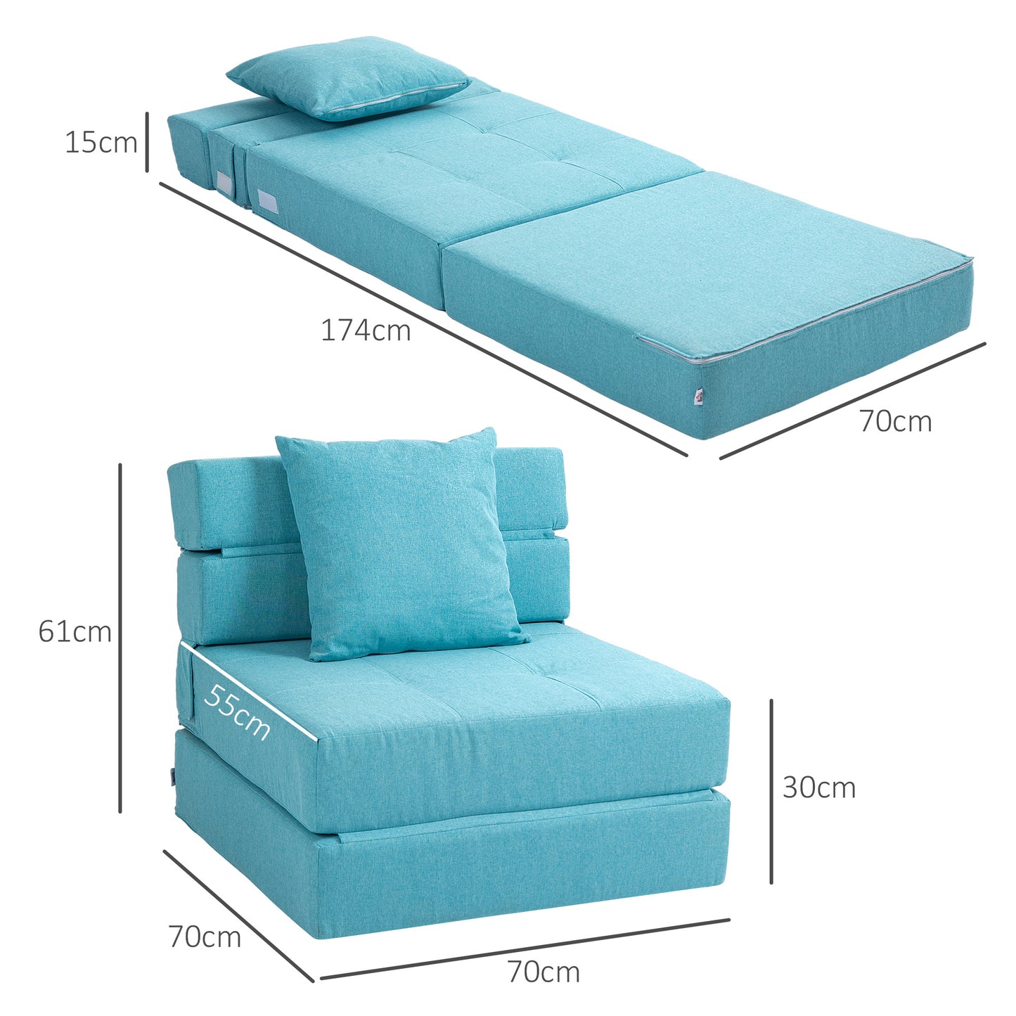 HOMCOM Schlafsessel Relaxsessel Gästebett. abnehmbarer Bezug, 70 cm x 70 cm x 61 cm, Hellblau