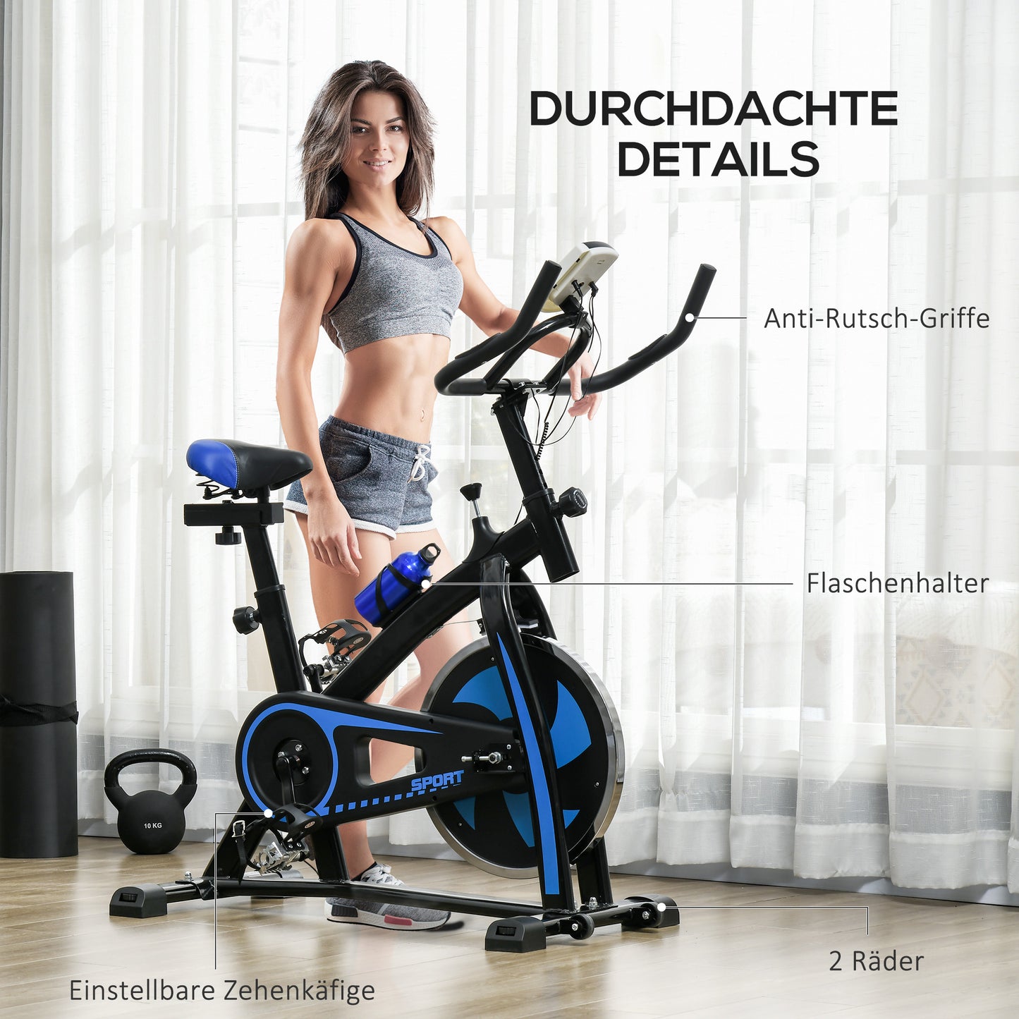 SPORTNOW Heimtrainer, leise, anpassbarer Widerstand, Pulssensor, Monitor, Blau