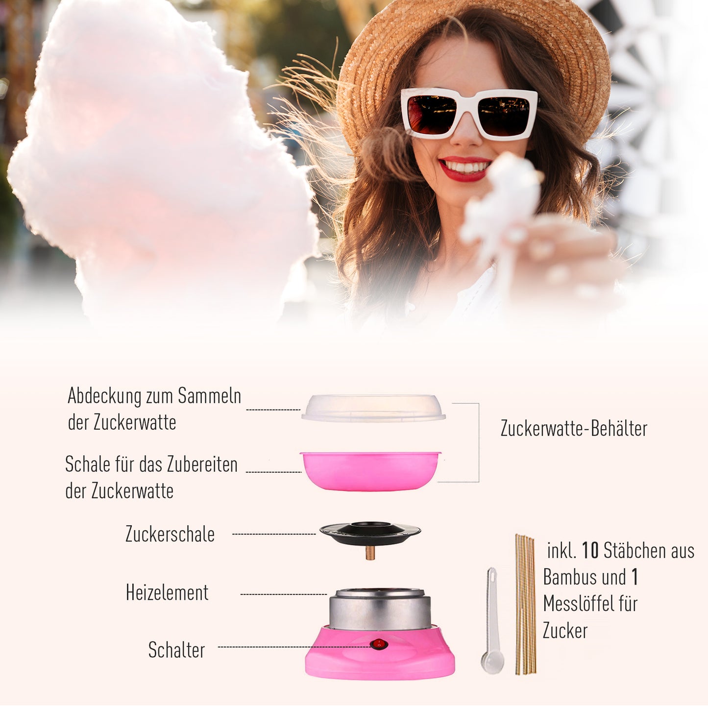 HOMCOM Zuckerwattemaschine für Zuhause Cotton Candy Machine Zuckerwatte Maschine mit Stäbchen und Messlöffel Höhe 18 cm 550W für Kinderfest, Geburtstag, Party Rosa