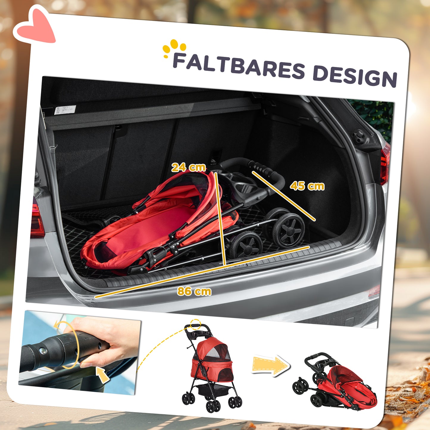 PawHut Hundebuggy Hundewagen bis 4 kg Klappbar Netzfenster Bodenkorb Becherhalter abnehmbares Dach rot 67 x 45 x 96 cm