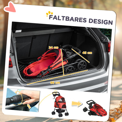 PawHut Hundebuggy Hundewagen bis 4 kg Klappbar Netzfenster Bodenkorb Becherhalter abnehmbares Dach rot 67 x 45 x 96 cm