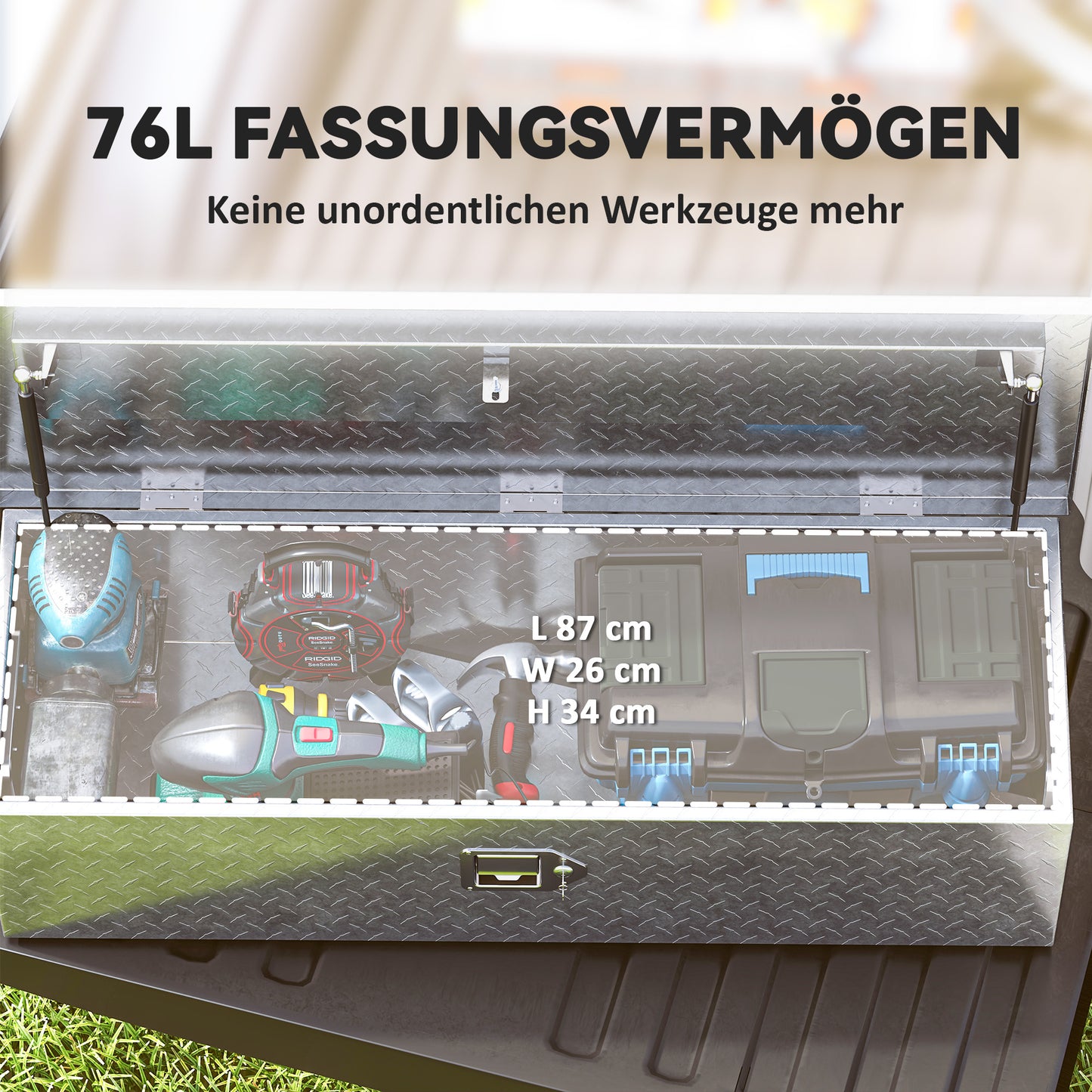 HOMCOM Stabile Aufbewahrungskiste aus Aluminium mit Seitengriffen, Schloss und Schlüsseln, Werkzeugkasten, 99 x 33 x 25,5 cm