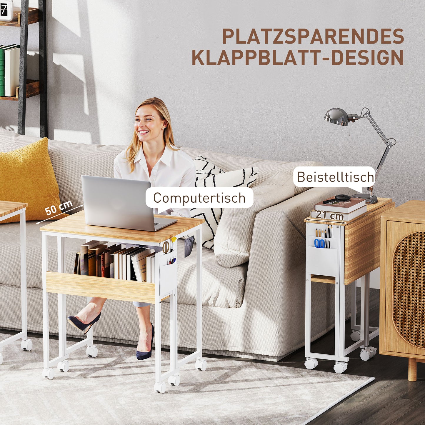 HOMCOM Faltbarer Schreibtisch, zum Beistelltisch umwandelbar, offenes Regal, Natur