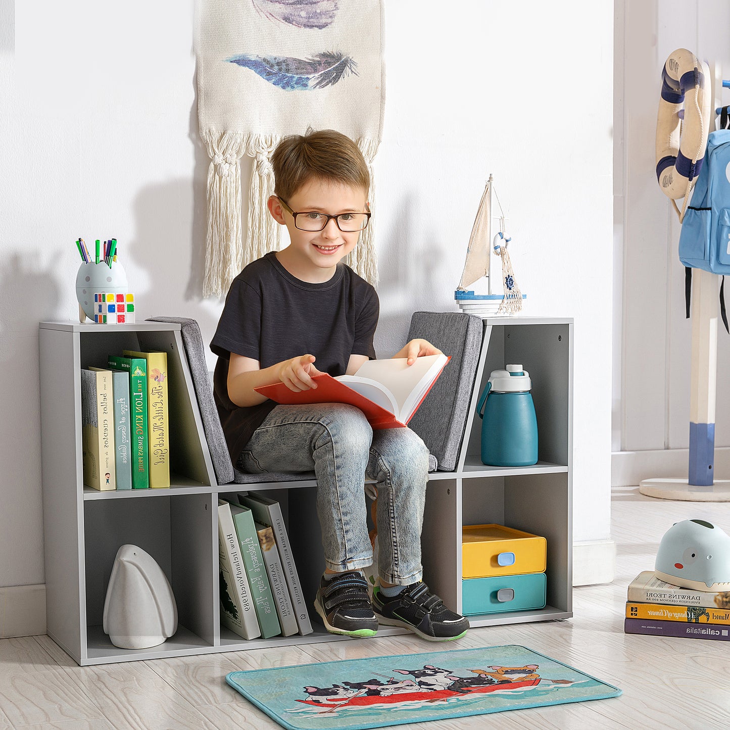 HOMCOM 2-in-1 Kinderregal Regal + Sitzbank inkl. Polster 103 cm × 30 cm × 62 cm Weiß + Grau