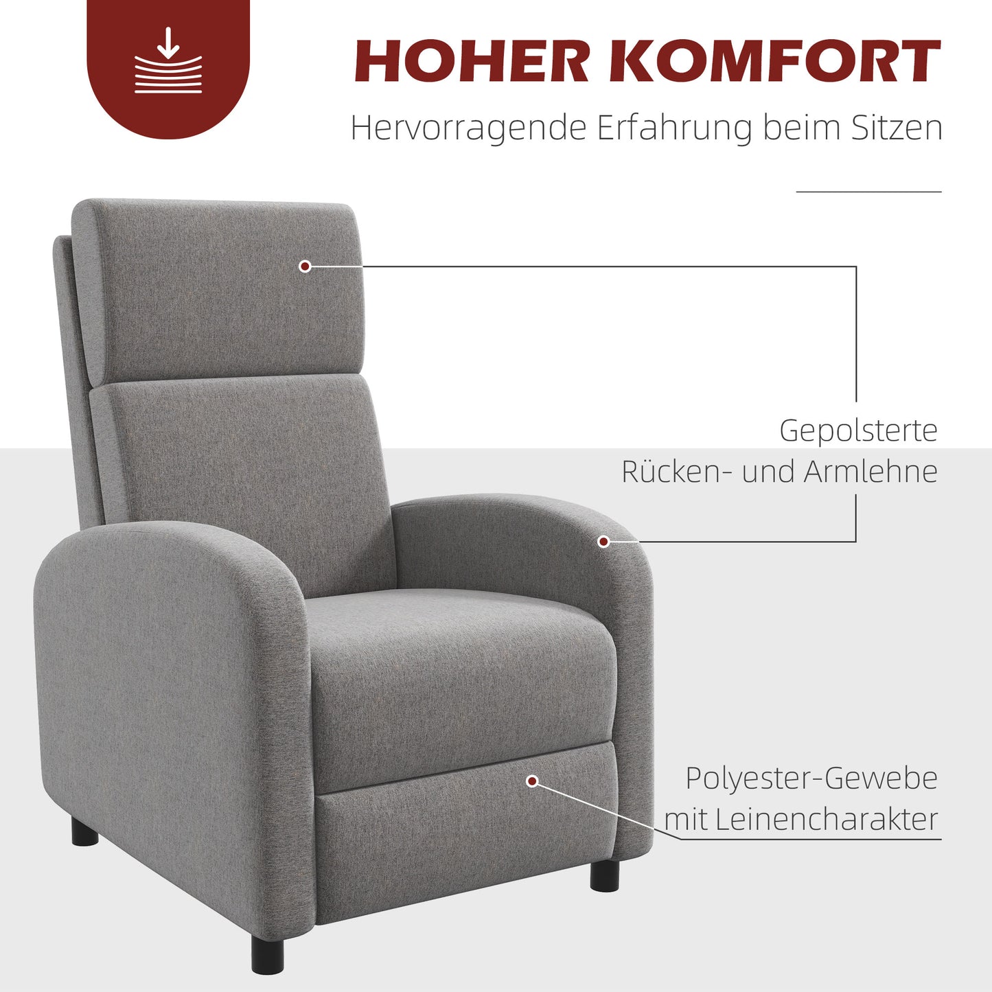 HOMCOM Relaxsessel Fernsehsessel, ausklappbare Fußstütze, neigbar bis zu 160°, 64 x 86 x 102 cm, Grau